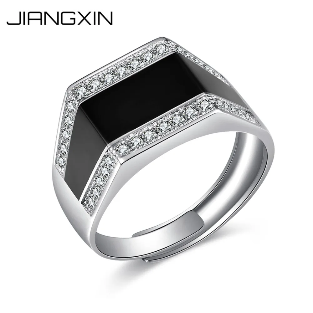 

925 Sterling Silver White Gold Plated Ring Black Epoxy Simulated Diamond Adjustable Refined Brand Luxury Fine Jewelry