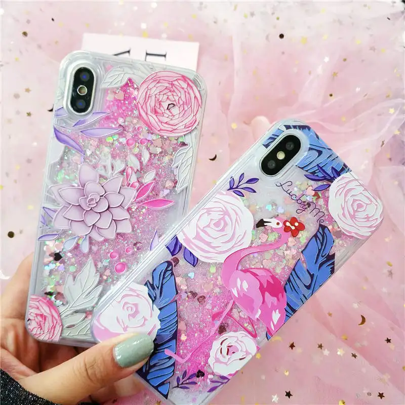 

Flamingo Flashing Sand For Iphone 6 6s 7 8P X Xs Xr Max Flashing Sandy Liquid Drop-Proof Cover