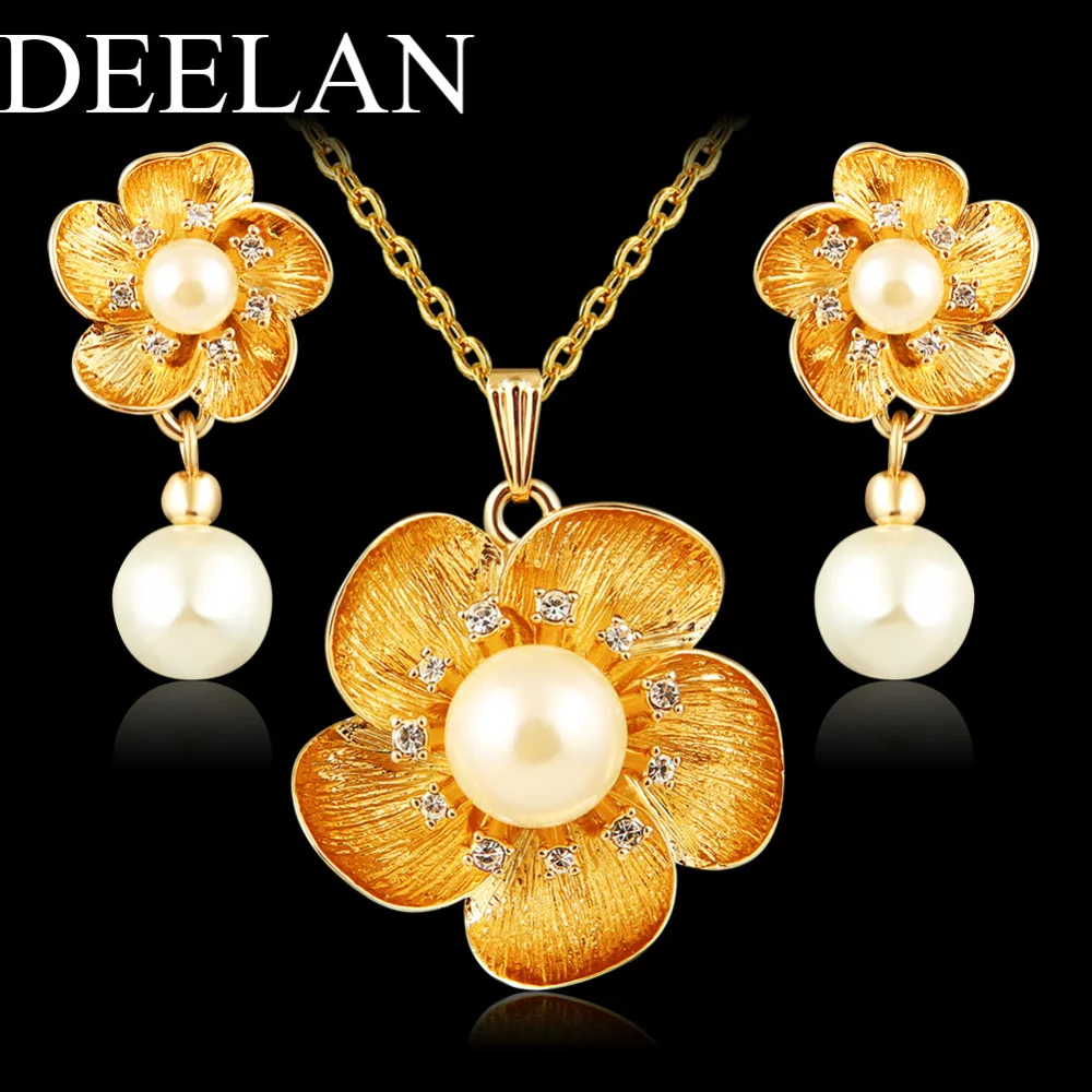 DEELAN Korean Style Jewelry Set Zirconia Gold Color Flower Pendant With