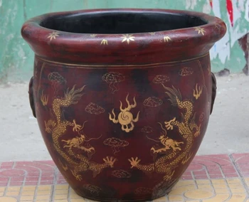 

21" Marked Old Chinese Dynasty lacquerware Wood Dragon Statue Pot jar Tank Crock