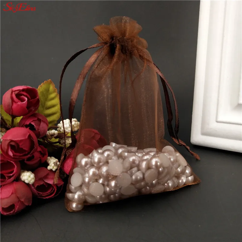 50 шт., 7x9, 9x12, 10x15, 13x18 см, подарочные тюлевые сумки для ювелирных изделий из белой органзы, подарочные сумки на шнурке, сумка для свадебного подарка 5z - Цвет: brown