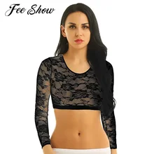 Женская кружевная Цветочная экзотическая Клубная одежда на бретелях сетчатый прозрачный чистый эластичный укороченный топ с глубоким вырезом и длинными рукавами короткий Топ Блузка
