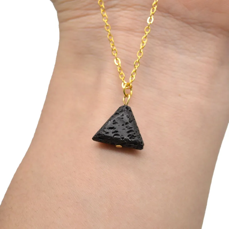 

10pcs Women Aroma Essential Oil Diffuser Necklace Triangle Lava Necklace Natural Black Lava Beads Pendant With Gold Chain NS014