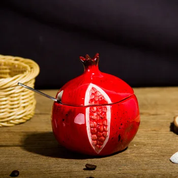 

High Quality New Ceramic Seasoning Cans with Spoon Sugar Kitchen Supplies Red Pomegranate Sauce Pot Factory Wholesale