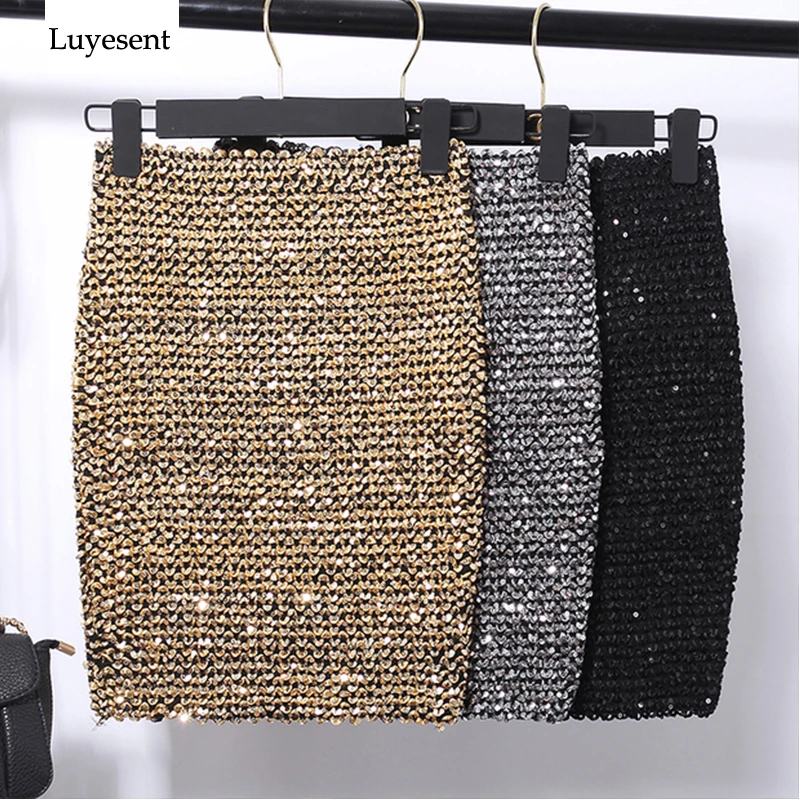 

Women Sequin Bodycon Elastic Mini Skirt Bandage Gold Sliver Shining Black Lady Femme Mujer Vintage Fashion New Arrive Party Wear