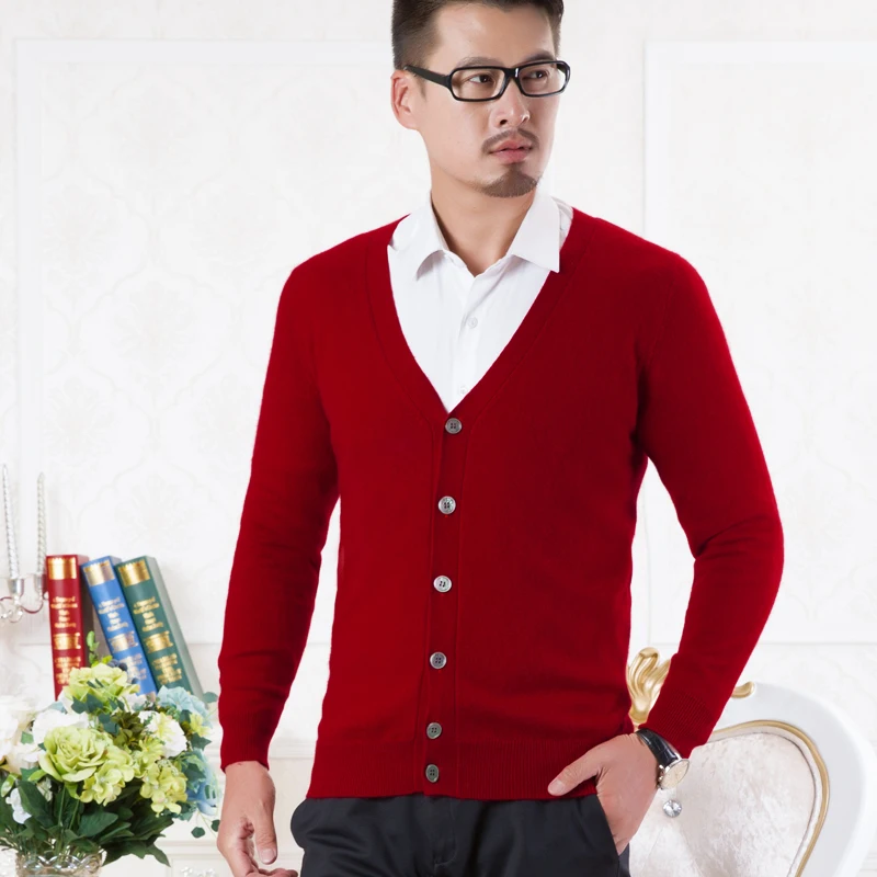 100% чистый кашемир вязаный свитер мужской Vneck кардиганы Высокое качество Новая
