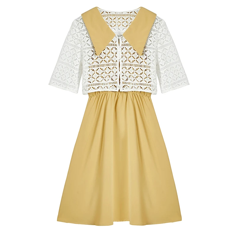 

PERHAPS U yellow green pink lace hollow out peter pan collar short sleeve a line mini dress elegant summer Two-piece set D1687