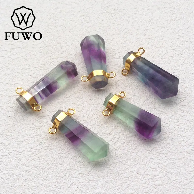 

FUWO Natural Fluorite Point Pendants With 24K Gold Filled Brass Bezel Fashion Double Bails Rainbow Crystal Wholesale PD187