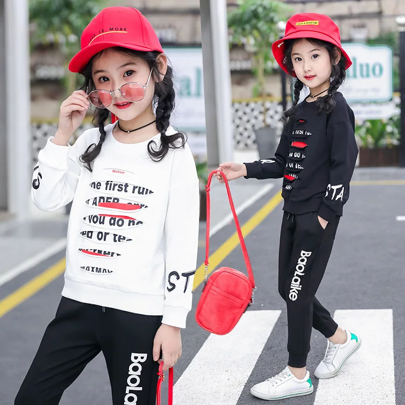 

Children's Spring Autumn Suits Kids Letter Printed Long Sleeve Cotton School Uniform Sports Set Clothes for Girls 8 12 Years Old