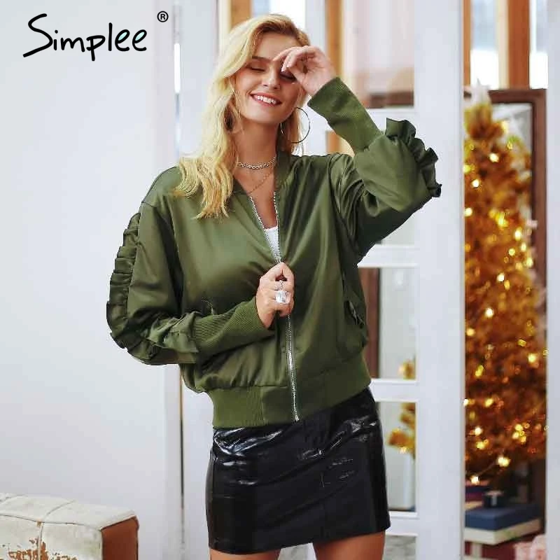 Женская куртка бомбер цвета хакки Simplee бейсбольная с оборкой из сатина