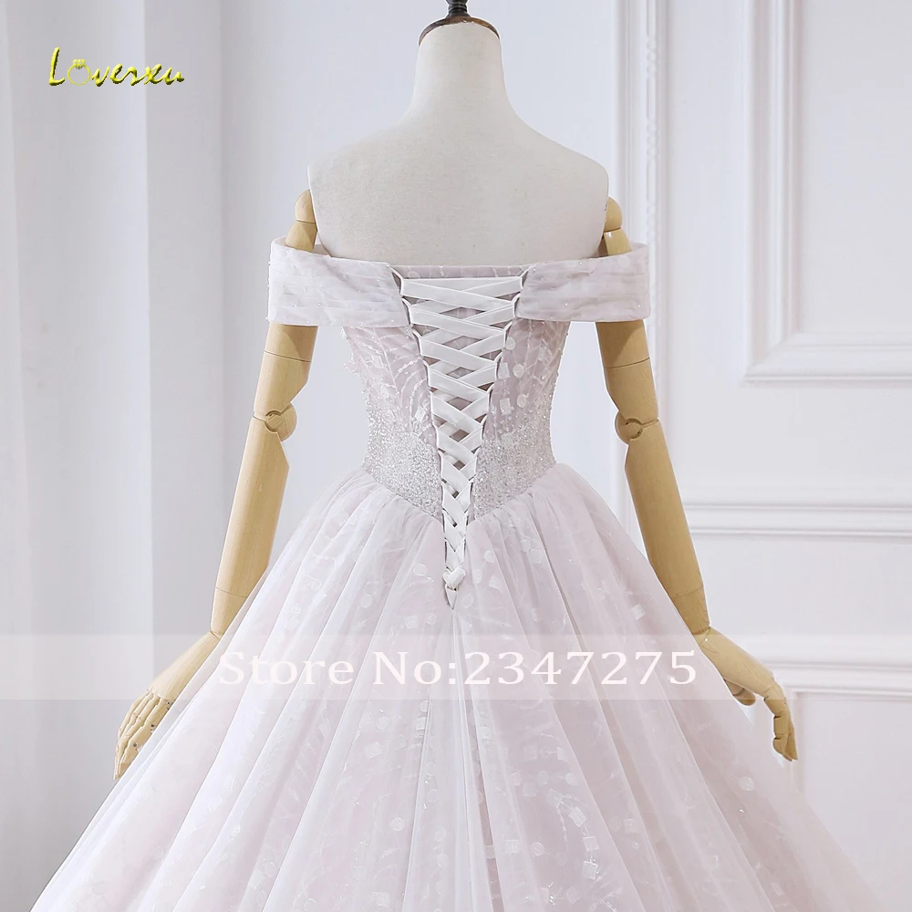 Loverxu Vestido De Noiva кружевной вырез лодочкой бальное платье свадебное Роскошные бисером жемчуг Часовня свадебное платье с длинным подолом плюс размеры