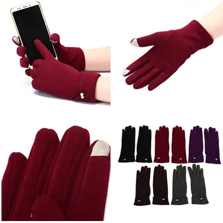 Plush  Winter Female Pearl Warm Cashmere Cute Mittens Double Thick  Wrist Women Touch Screen Driving Gloves