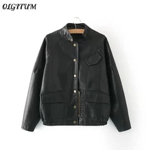 Новое поступление, Весенняя верхняя одежда, Женское пальто из искусственной кожи, однобортная Свободная куртка, однотонная мотоциклетная куртка с воротником-стойкой