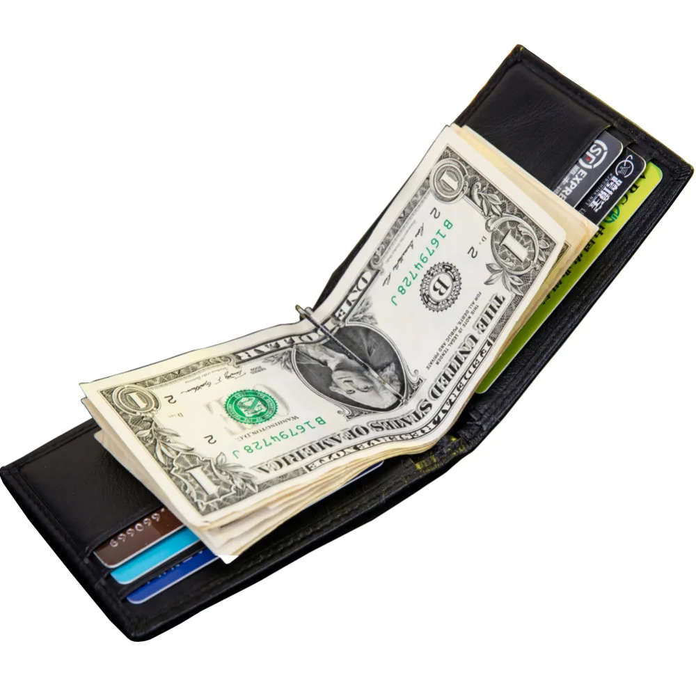 New Portable Design Genuine Cow Leather Men's Money Clips Wallet Black Coffee Quality Soft 2 Fold ID Credit Card Bit Money Clip