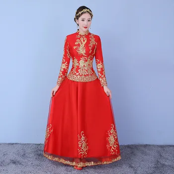 

Vintage Asian Bride Wedding Dress Toast Clothes Elegant Lady Phoenix Sequins Cheongsam Classic Chinese Qipao Marriage Suit