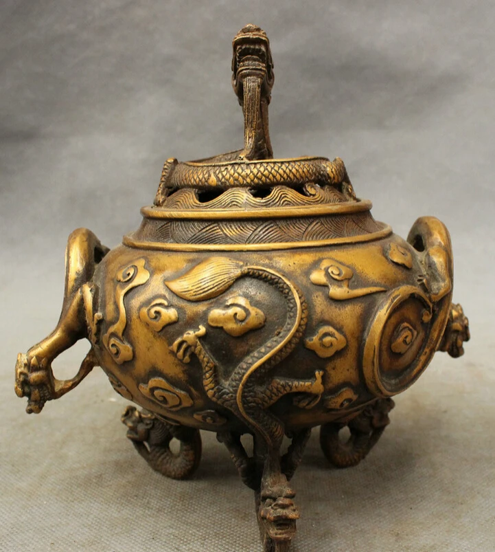 

S4297 Chinese Bronze Palace Lucky Year Zodiac 6 Dragon Statue Incense Burner Censer D0317