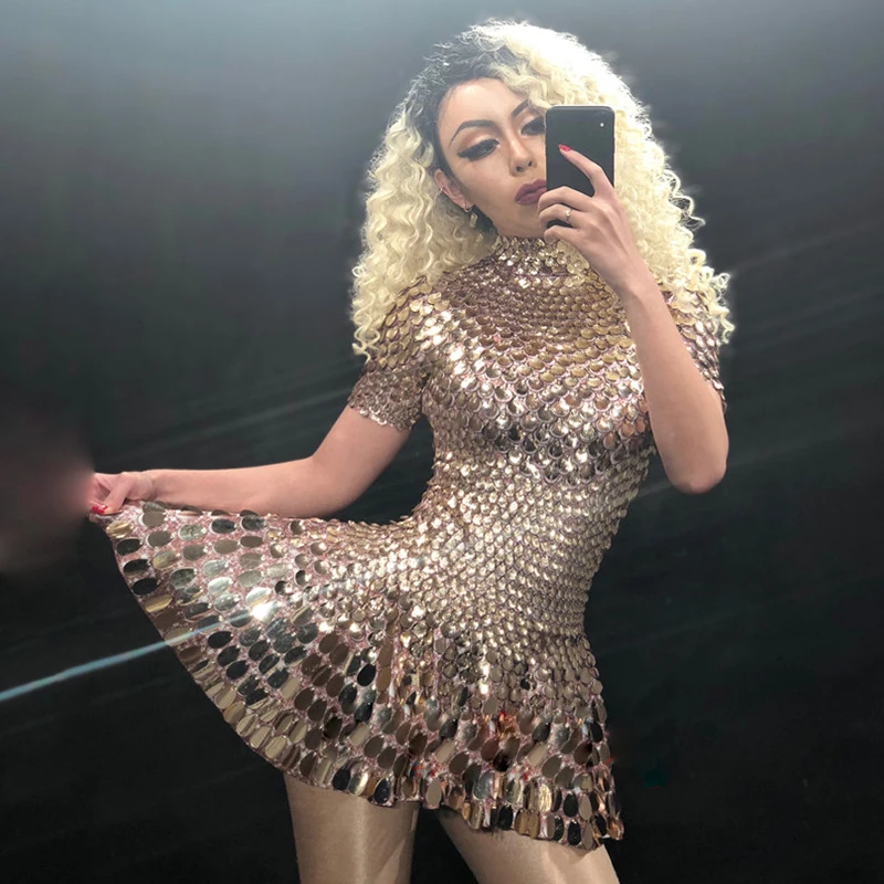 

Shining Silver Mirrors Stone Dress Female Singer Dancer Bright Bodysuit Costume Nightclub Dress Oufit Party Dresses DNV10819