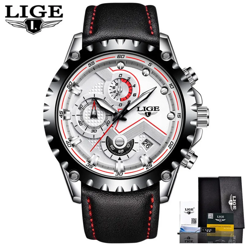 LIGE часы для мужчин модные спортивные кварцевые часы для мужчин s часы лучший бренд класса люкс Полный сталь Бизнес водонепроницаемые часы Relogio Masculino - Цвет: Leather White
