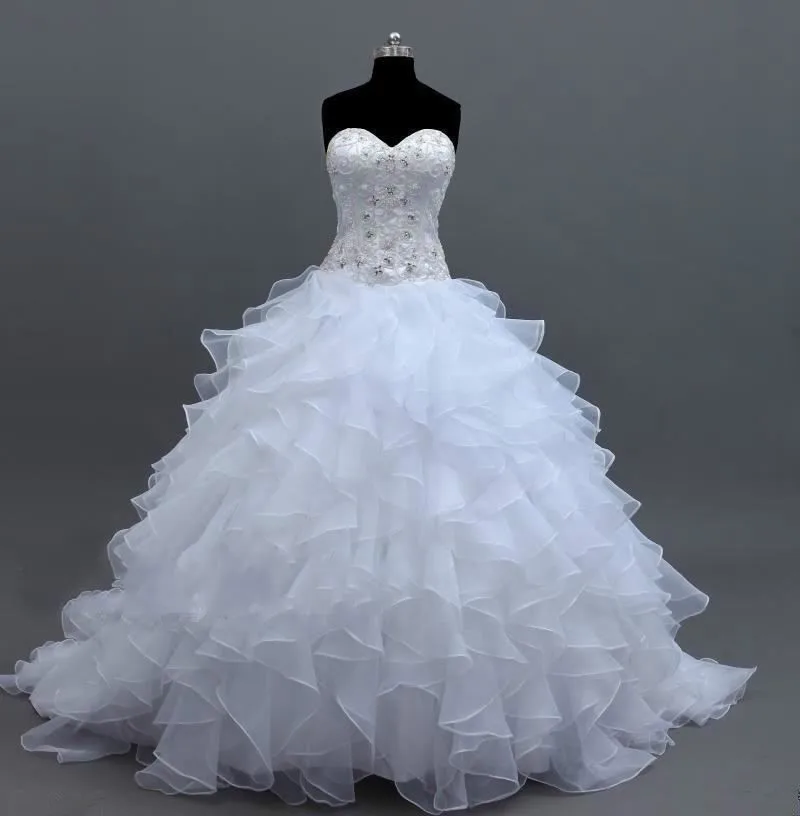 

RW002 Real Picture Ball Gown Sweetheart Beaded Ruffles Organza White Wedding Dress 2015