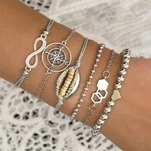 6 Pcs/set Bohemian Beach Bangle Retro Shell Heart Beaded Geometric Silver Bracelet Set Women Charm Jewelry