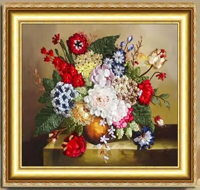 

Needlework,DIY Ribbon Cross stitch Set for Embroidery kit,table vase flower floral ribbon Cross-Stitch handwork home wall decor