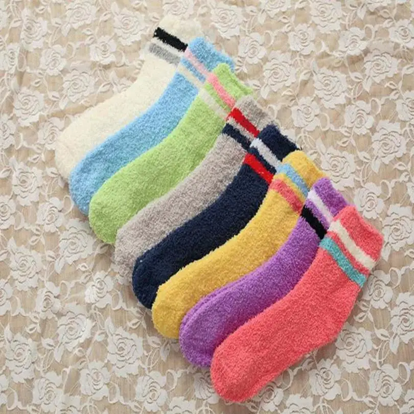 

Mens Women Warm Coral Fleece Stripe Slipper Non-slip Cotton Floor Towel sports Socks Stripe multi colors girls' winter socks