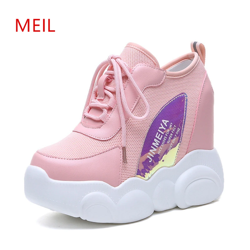 

Platform Hidden Increasing 10CM Womens Sneakers Mesh 2019 Fashion Summer Breathable Women Wedge Heels Casual Pink Platform Shoes