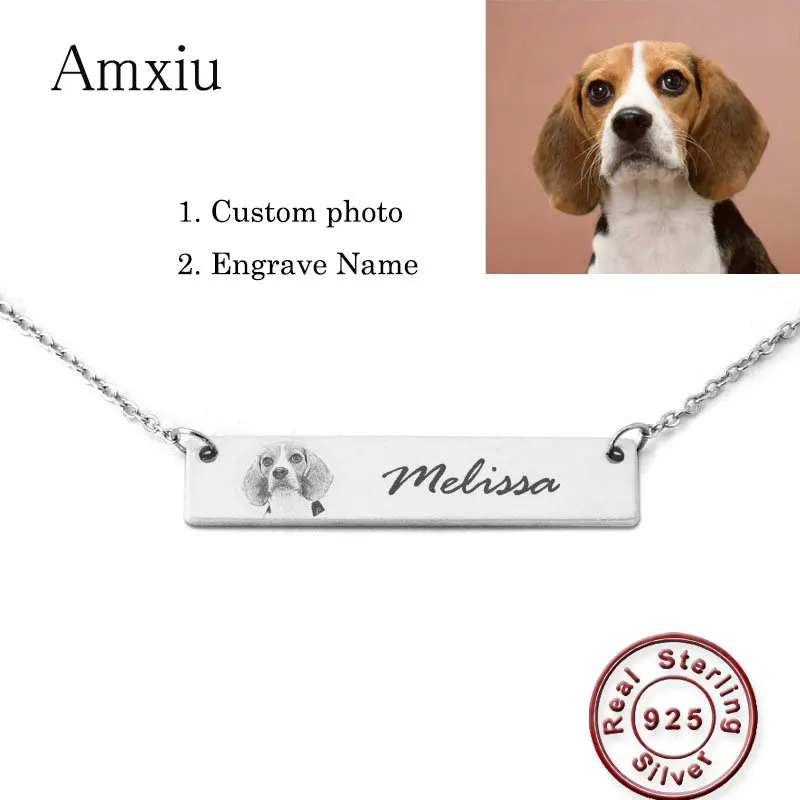 Amxiu Custom Pets Cat Dogs Photo Necklace 925 Sterling Silver Bar Pendant Necklace Engrave Names Pendants Kids Animals ID Tags