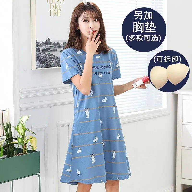 Summer Cotton Women Nightgowns Knee Length Nightdress Casual Striped