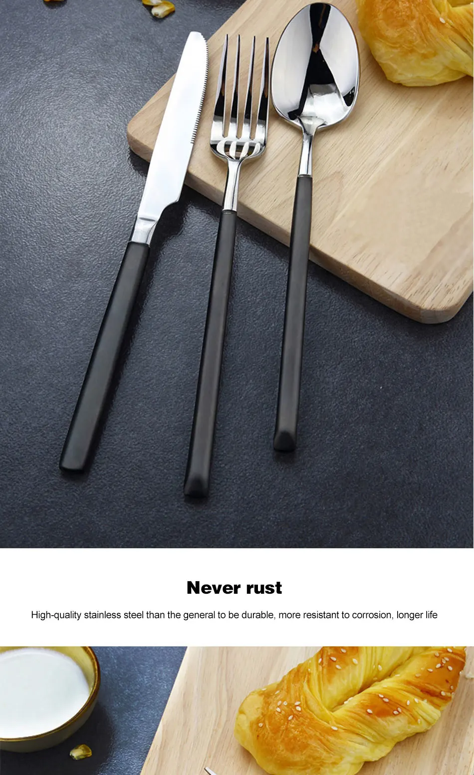 Silver Plating Black Handle Dinnerware Set 304 Stainless Steel Knife Fork Tableware Set Cutlery Dinner Feast Western Food Sets (7)