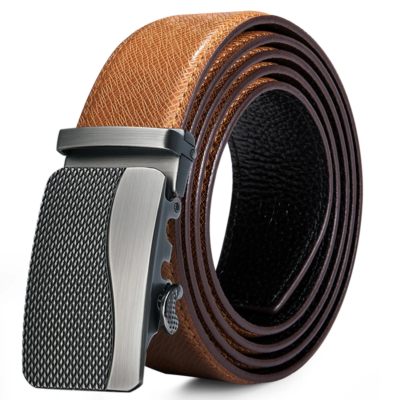 

DM-G-0008 Men's Brown Belt Automatic Ratchet Buckle Cow Genuine Leather Belts for Men luxury brand male strap Yellow 110-130cm