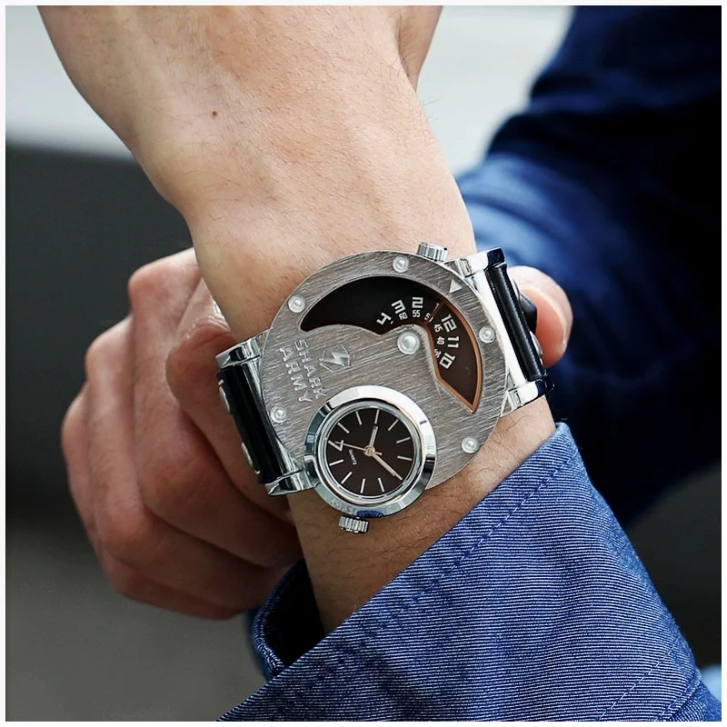 SHARK ARMY Stainless Steel Big Size Dual Time Black Leather Strap Quartz Relogio Masculino Men's Sport Military Watches /SAW053