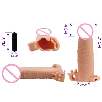 TPE Realistic Vibrating Dildo Enlargement Extender Condom with Bullet Vibrator Penis Sleeve Adult Sex Toy for Man 5