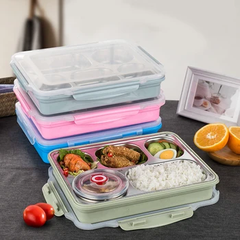 

5 Grid Hot Water Heating Food Container Stainless Steel Insulated Lunch Box Double Layer With Soup Bowl Outdoor Tableware