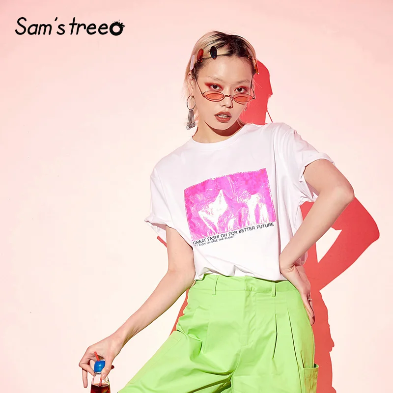 

Samstree White Letter Print Women T-shirt Fashion Glitter Patchwork Oversized Female T-shirts 2019 Summer Casual O-Neck Tee Tops