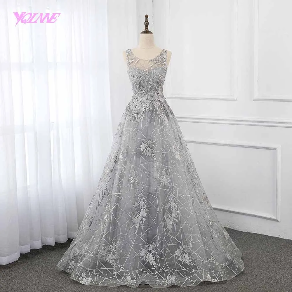 silver lace evening gown