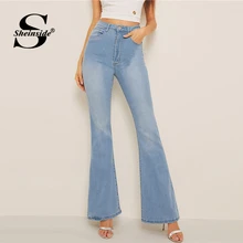 Sheinside синие повседневные с высокой талией расклешенные джинсы женские летние эластичные длинные брюки Женские однотонные трикотажные штаны