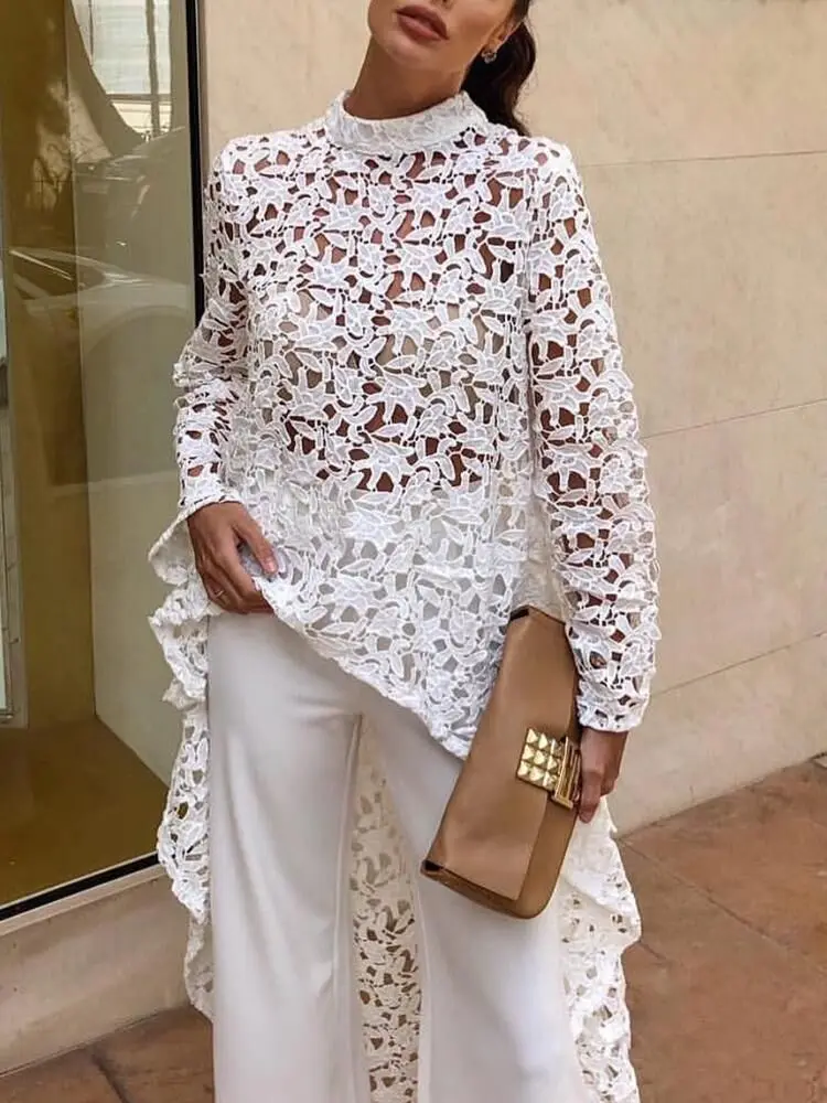 2019 Autumn Women Fashion Elegant Casual Patchwork flounced Dip Hem Top Crochet Irregular Hollow Out See Through Blouse