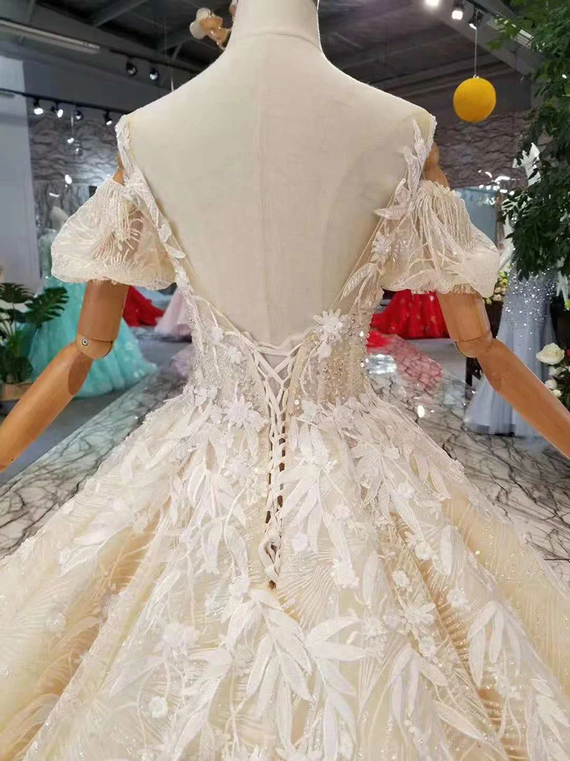 LSS290 светло шампанское свадебные платья с длинным шлейфом с открытыми плечами Милая Свадебные платья бальное платье от настоящей фабрики