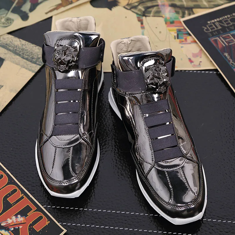 BomKinta/Повседневная обувь из лакированной кожи с леопардовым декором; Мужская модная блестящая обувь; Индивидуальные кроссовки без застежки для мужчин - Цвет: Silver