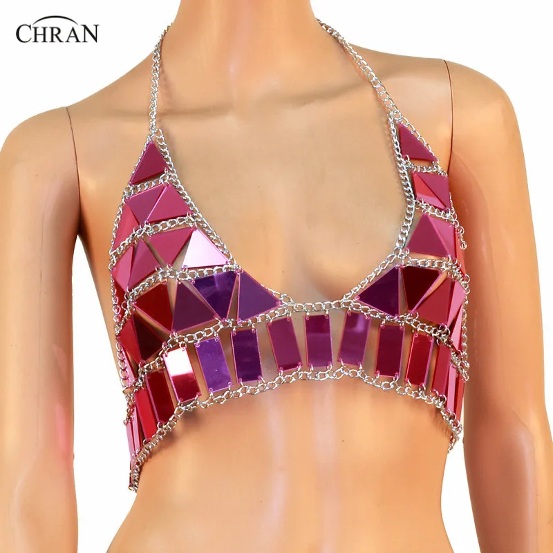 

Chran Mirror Perspex Crop Halter Top Chainmail Bra Harness Necklace Body Lingerie Metallic Bikini Sonus Festival Jewelry CRM806