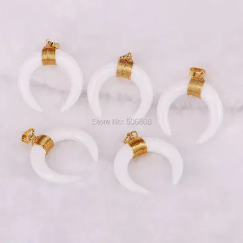 

ZYZ-P5990 6PCS Ox Bone Horn Pendant Charms. Wire Wrapped White Horn Pendant - Ox Bone - Double Horn Crescent Moon Pendant Charms