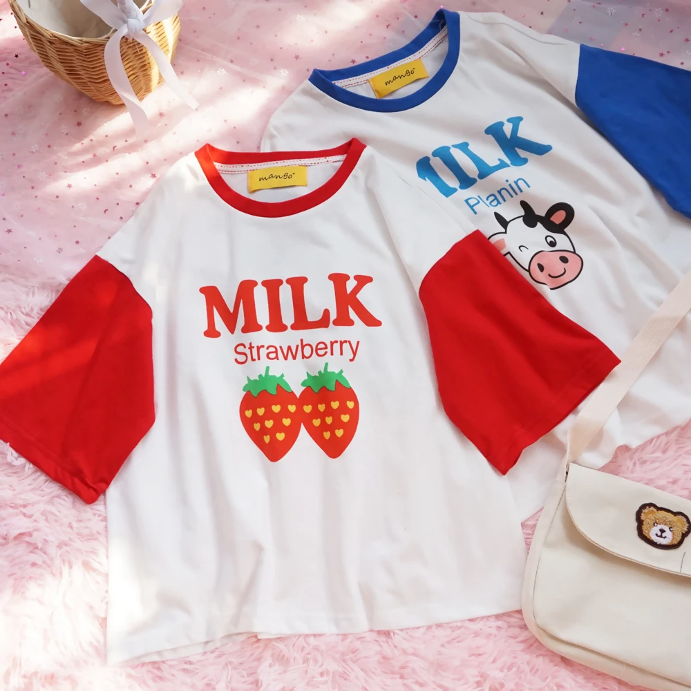 

Harajuku Korean Kawaii Girl Cute Strawberry Milk Printed T-shirt Ulzzang Short Sleeve Tee Summer Preppy Women's T-shirt Tops