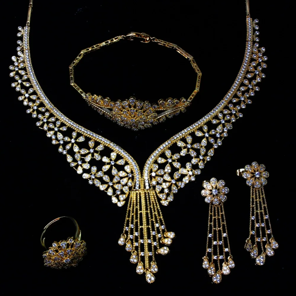 Women Bridal 4pcs Sets African Wedding Jewelry Cubic Zircon Women Bridal 4pcs Sets African Wedding Jewelry Cubic Zircon Fashion Dubai Gold Color Costume Design Necklace In From