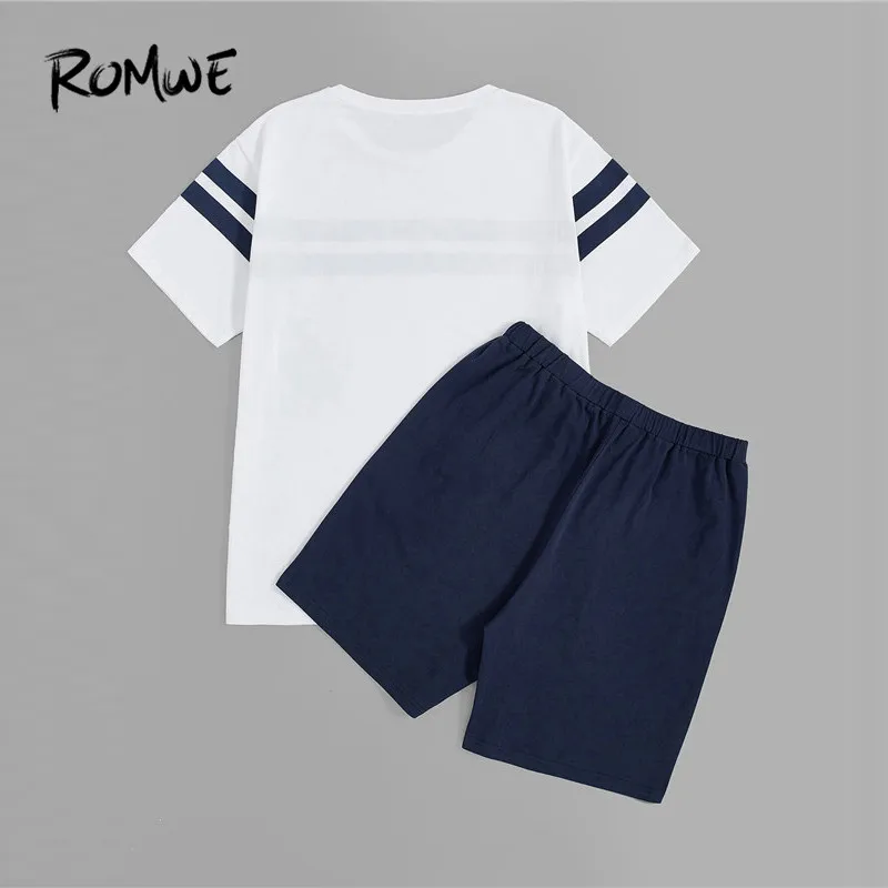 ROMWE Men Summer Pajama Sets Striped Tees With Slant Pocket Shorts PJ Set Male Short Sleeve T Shirts And Shorts Sleepwear Suits