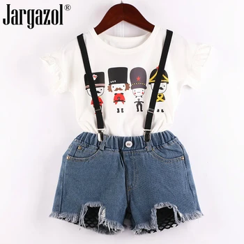 

Girls Clothes Set Soldier Printed White Shirt And Jeans Shorts Overall Clothing Suit Summer Fashion Outfits Baby Kids Clothes