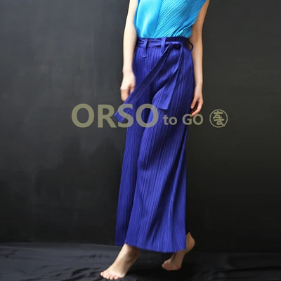 

FREE SHIPPING Miyake Fashion fold wide-legged pants trousers split pressure pleated pants wide leg pants IN STOCK