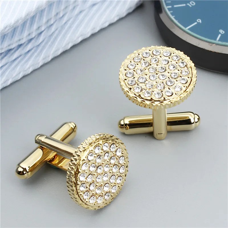 Buy Round Gold Color Crystal Cufflinks for Men Shirt Jewelry Cuff Links With