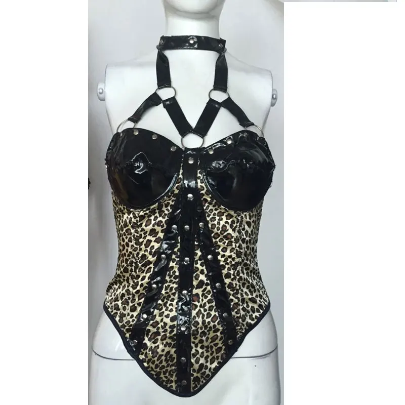 

Gothic corset lingerie night club leopard print corselet neck halter Showgirl leather erotic corset Lingerie clubwear m1576