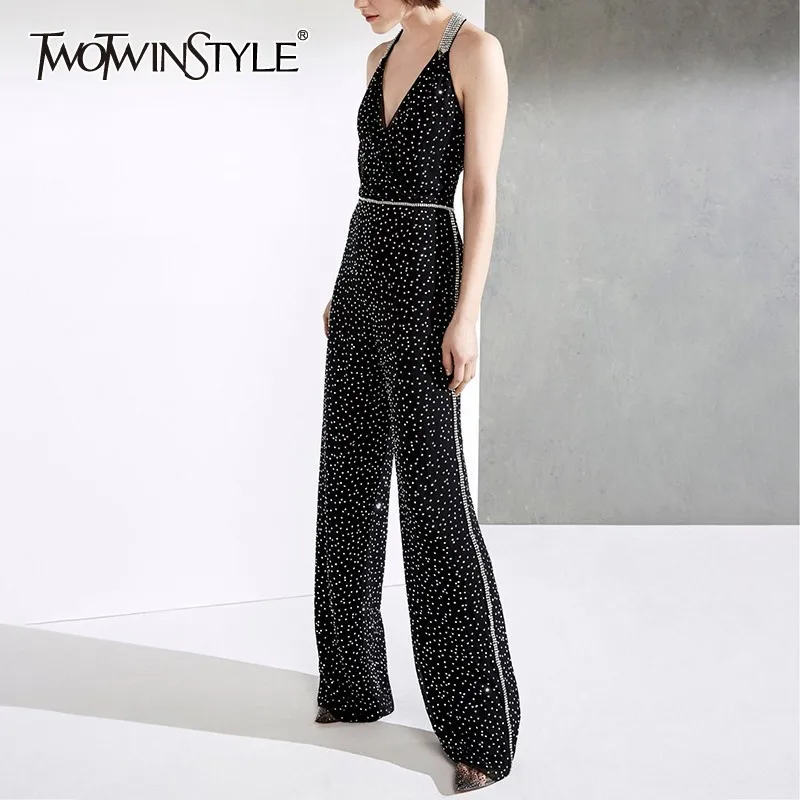 

TWOTWINSTYLE Polka Dot Beading Patchwork Women Jumpsuit V Neck Off Shoulder Sexy Long Pants Female Spring Fashion 2019 Tide